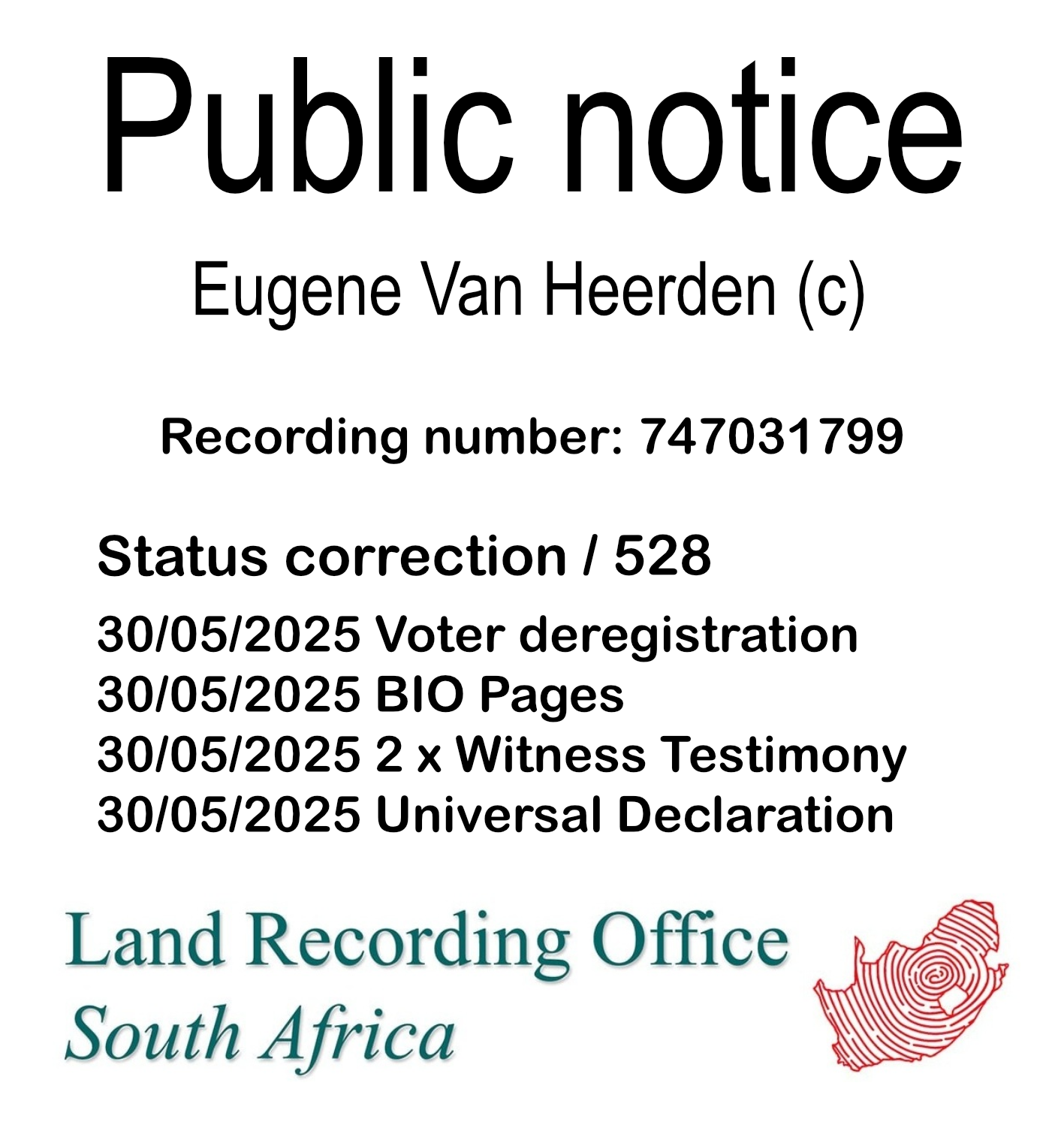 Public Notice Eugene Van Heerden (c) Recording number 747031799